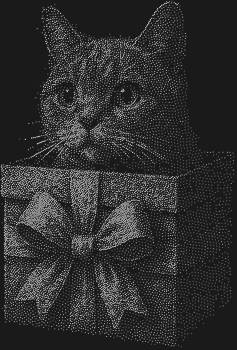 Рисунок из страз «Кот в коробке» — это 10393 сияющих искорки, что словно по волшебству сплетают образ озорного пушистого чуда, выглядывающего из своего уютного убежища с праздничным бантом.