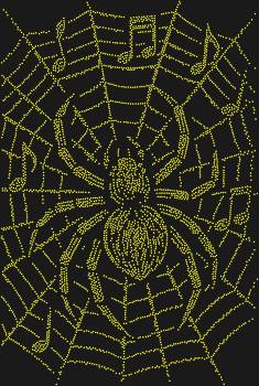 Template for rhinestone design "Musician Spider". 4593 rhinestones. Music and cobwebs intertwined in a single pattern – an image for those who hear beauty even in the most unusual details.