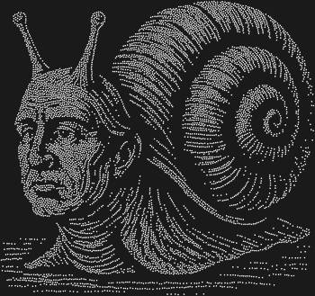 Original rhinestone stencil "Snail with the head of a thinker". 7712 rhinestones. Strange, mesmerizing, and ingeniously absurd—this character makes you stop and think.
