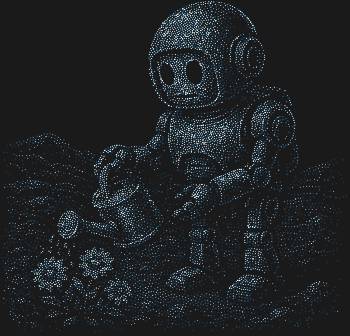 Рисунок из страз по номерам «Маленький робот поливает цветы»: 6628 сверкающих искр оживят на холсте трогательный момент, когда Марс расцветает под заботливым прикосновением механического садовника.