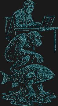 "Reverse Evolution of the Office Worker" Design. 5328 rhinestones. Modern man: The pinnacle of nature... behind a laptop. Subtle satire in every detail.