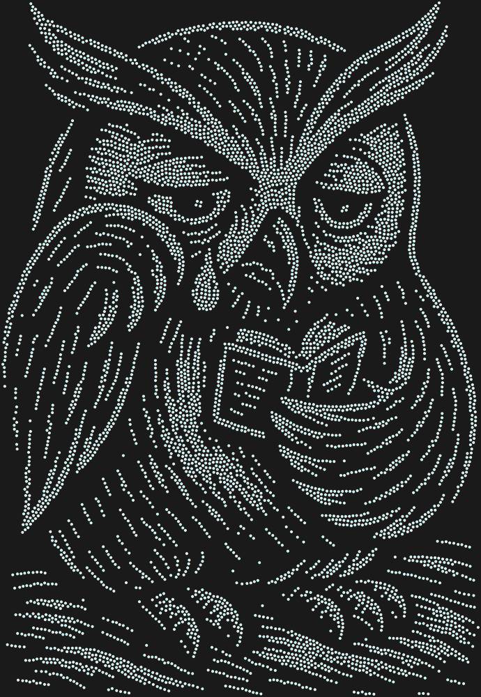 Трафарет An owl reading a sad little book — RHT_OWL3_SS20_CRYSTAL_AB_DMC