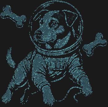 Пес-космонавт из 7545 сияющих страз несёт мечту о звёздах, где кости-спутники танцуют в невесомости.