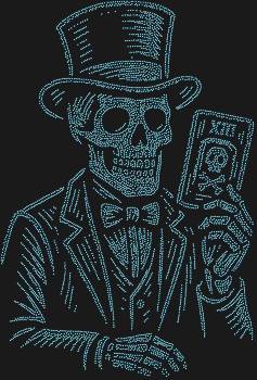 Скелет-фокусник, сияющий 6010 стразами, околдует тайной магии, приглашая в мир мистических чудес и загадочных иллюзий.